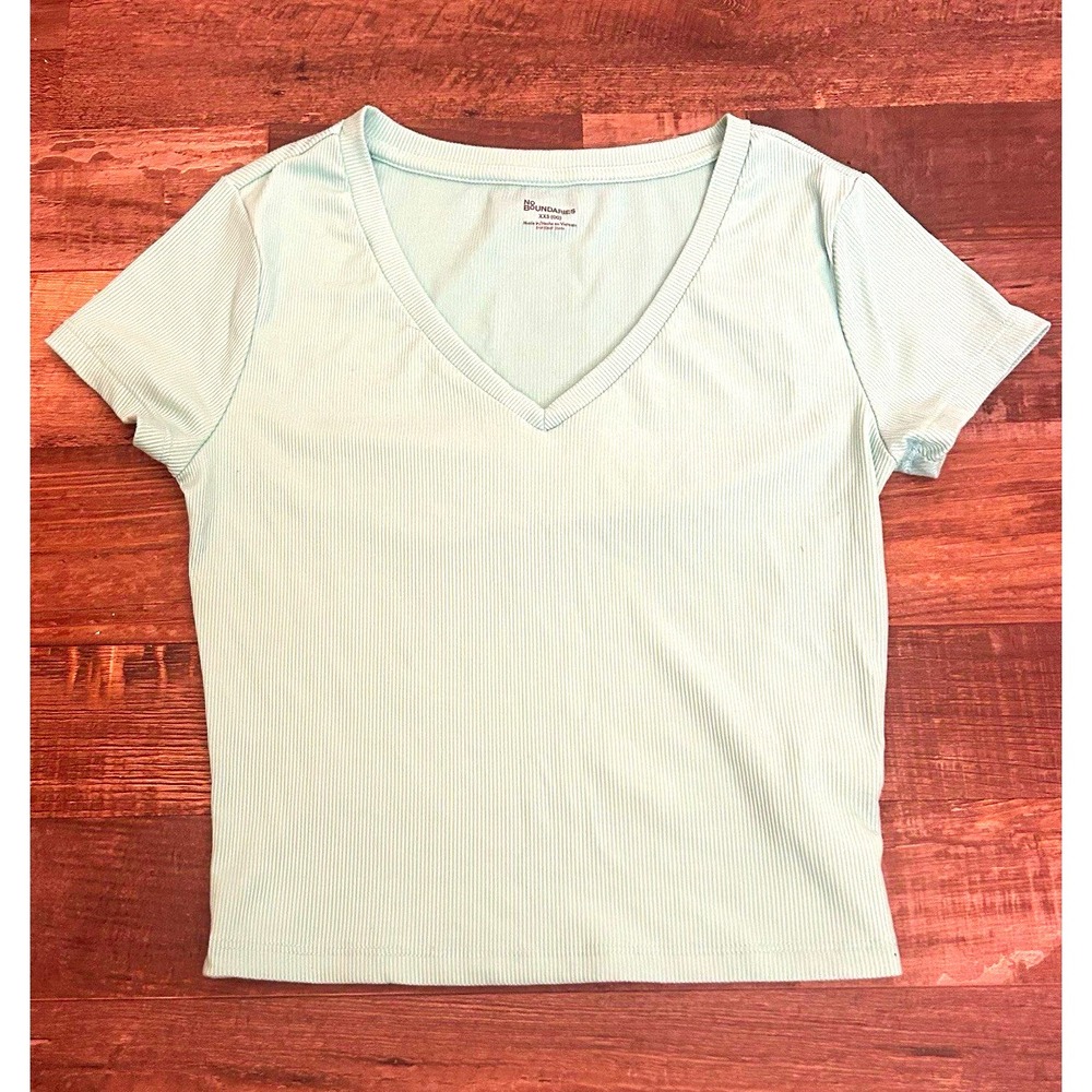 No Boundaries Light Teal Ribbed Knit Stretch V-Neck Short Sleeve T-Shirt 2XS